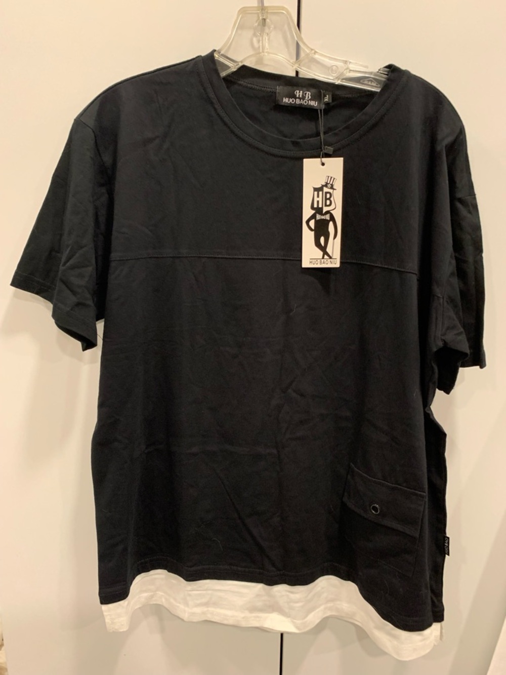 H B Huo Bao Niu Men's Black Layered Hem Short-Sleeve Shirt decorative pocket